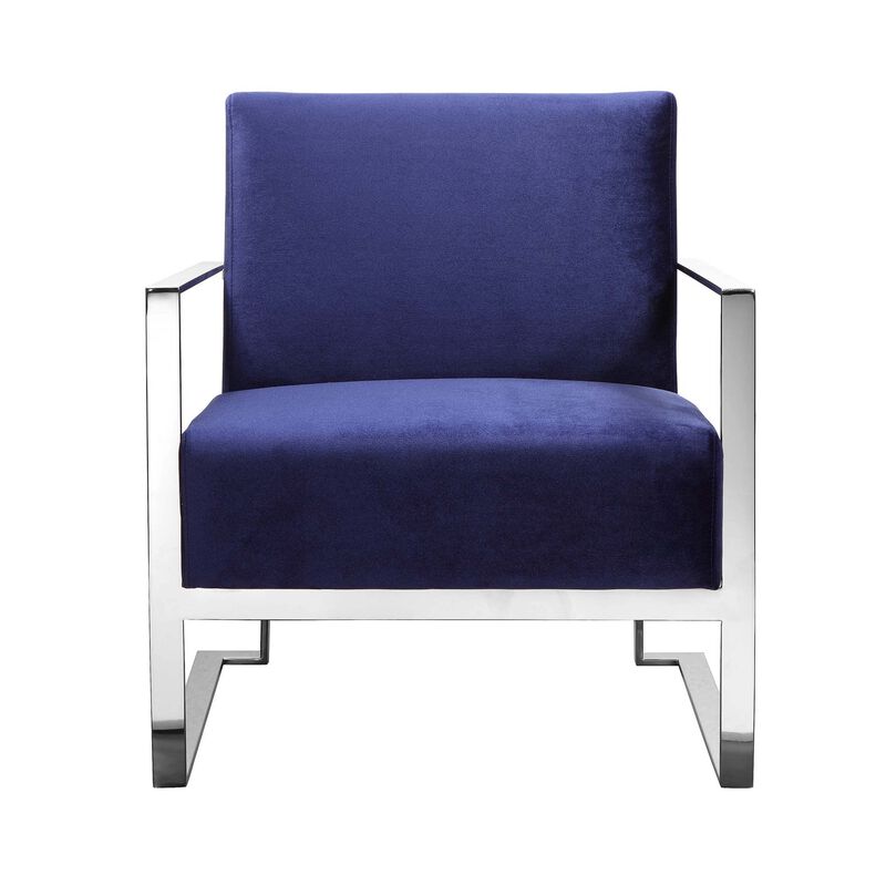 Boly 28 Inch Lounge Chair, Navy Velvet, Foam Cushions, Chrome Steel Base - Benzara