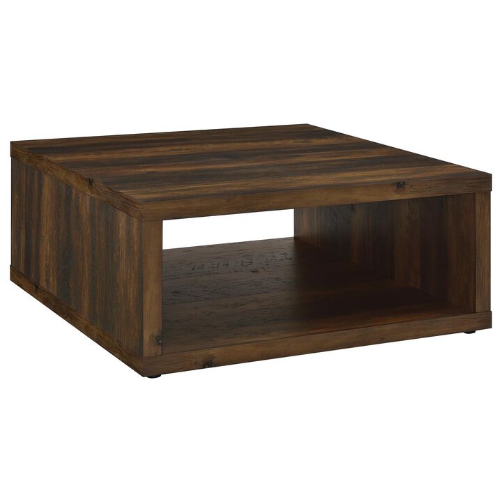 Rizz Coffee Table, Square Cube Design Open Shelf, 36 Inch Dark Brown - Benzara