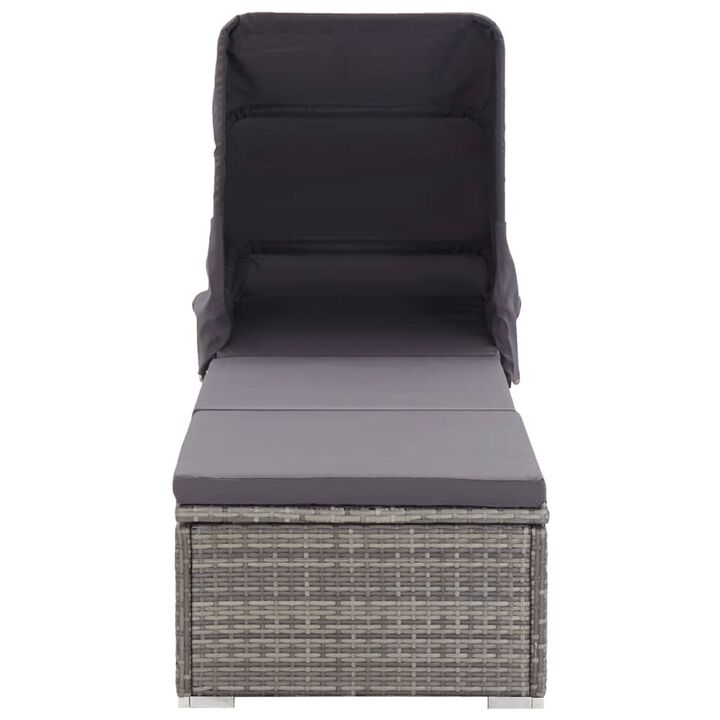 Casey Sun Chaise Lounger with Canopy, Cushion, Gray Rattan, 77 Inch - Benzara