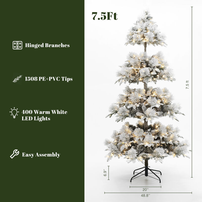 LuxenHome 7.5Ft Pre-Lit Flocked Slender Artificial Pine Christmas Tree
