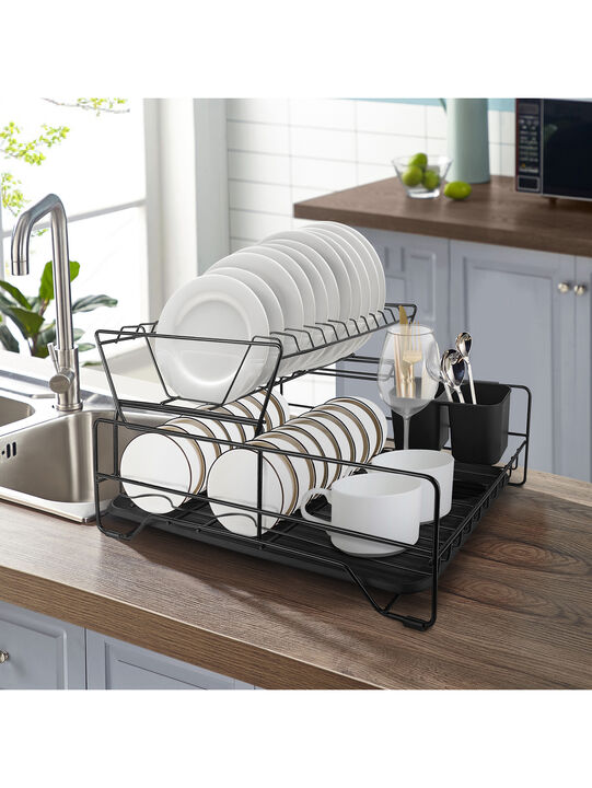 Dish Drying Rack, Metel 2-Tier Dish Rack Utensil Holder Kitchen Black