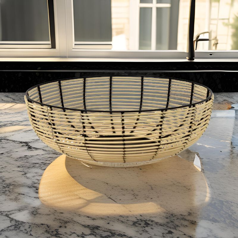 14 Inch Decorative Bowl, Accent Wired Woven Basket, Black, Natural Brown - Benzara