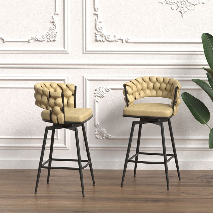 Luxurious Swivel Bar Stools Woven Backrest, Soft Leather, 360° Rotation