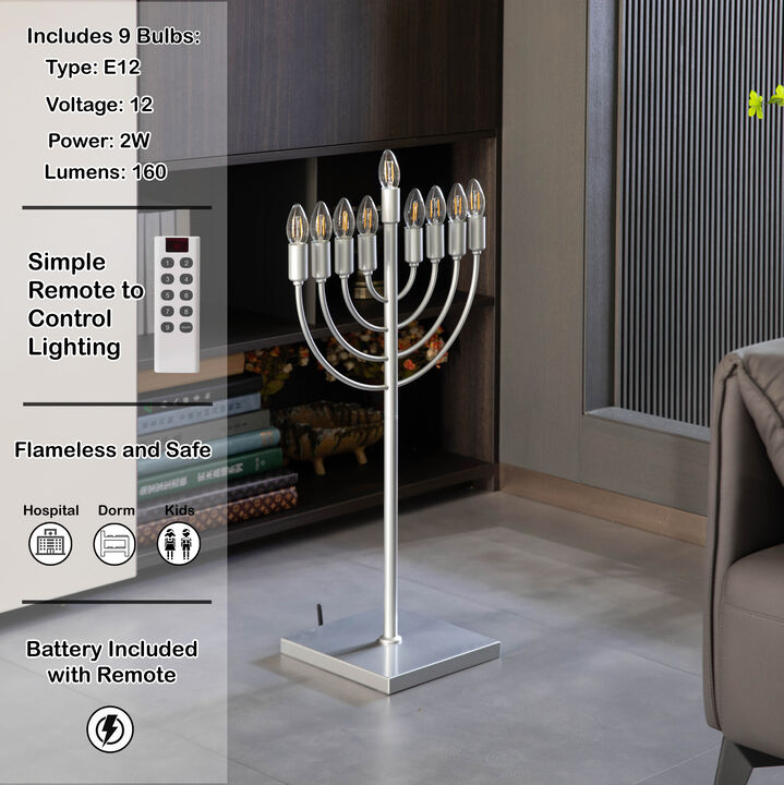 Gold Finish Modern Contemporary Hanukkah Menorah with Remote Control for Home, Office, or Kitchen, LED Light Bulbs, and Remote Control for Easy Daily Hanukkah Lighting Sequence