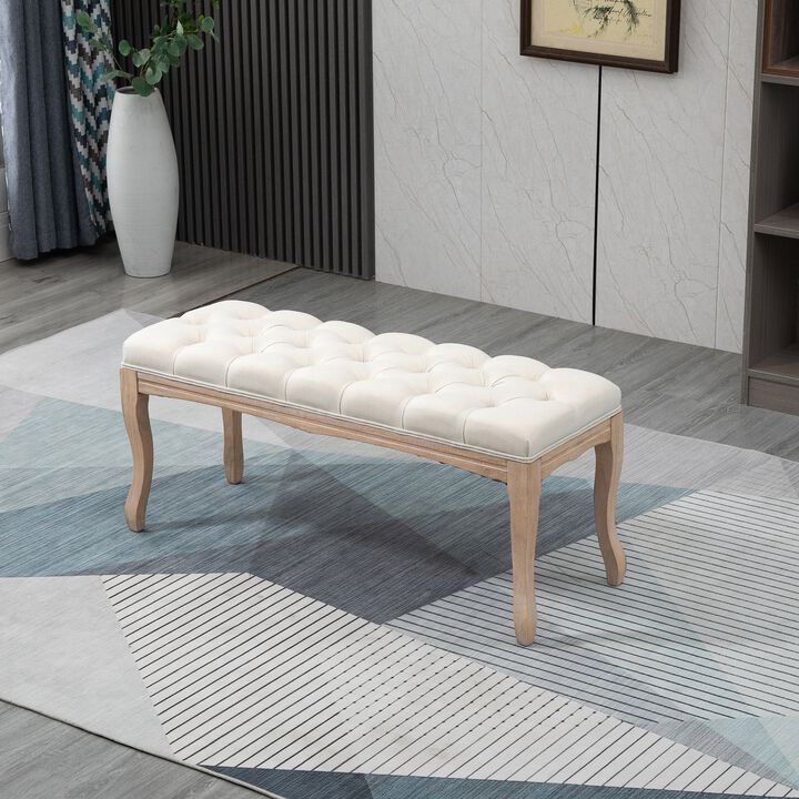 Beige Versatile Bench: 43" Linen Ottoman with Tufted Seat