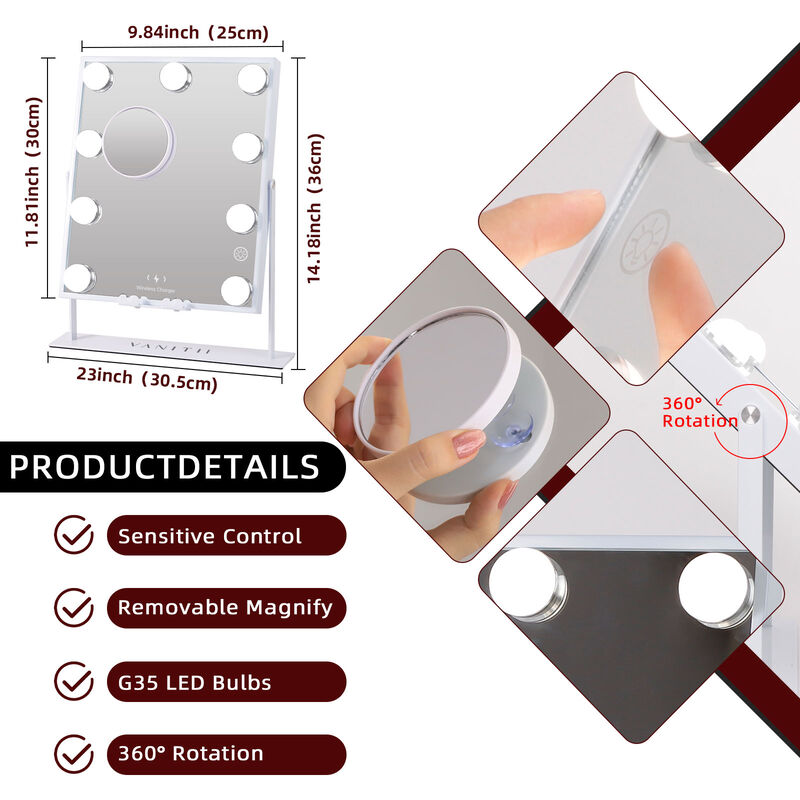 10''*12''Hollywood Makeup Vanity Mirror 9 LED Blubls with Buletooth Wireless Charging White   Clearance Sale!!!!