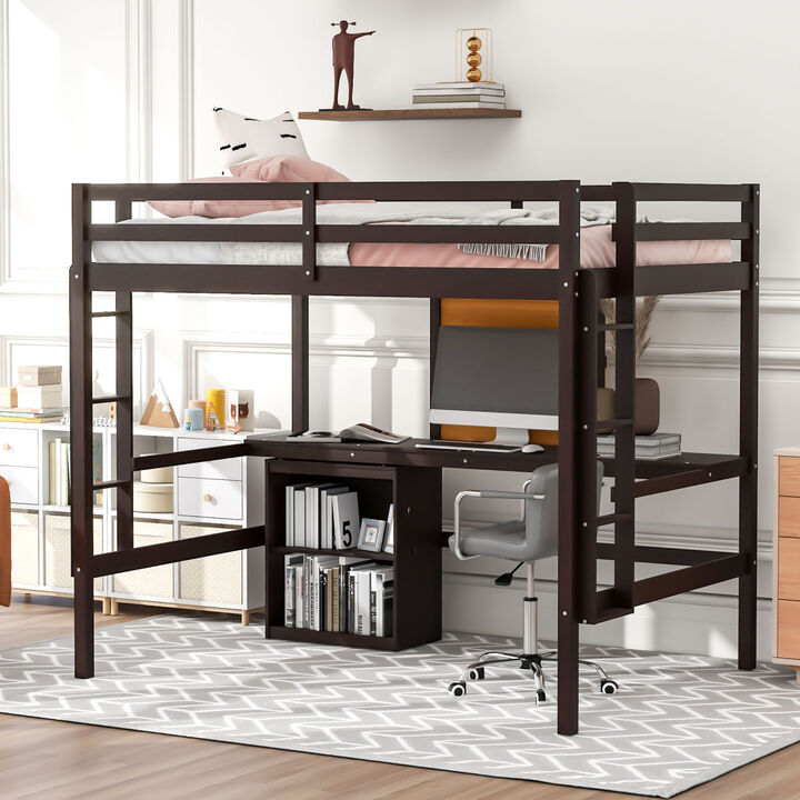 Full Size Loft Bed With Desk And Writing Board, Wooden Loft Bed With Desk & 2 Drawers Cabinet