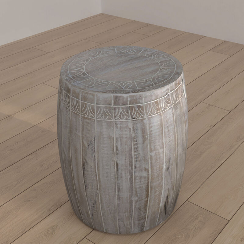 Serenity Barrel Side End Table with 18 Inch Round Top, In Antique White Mango Wood