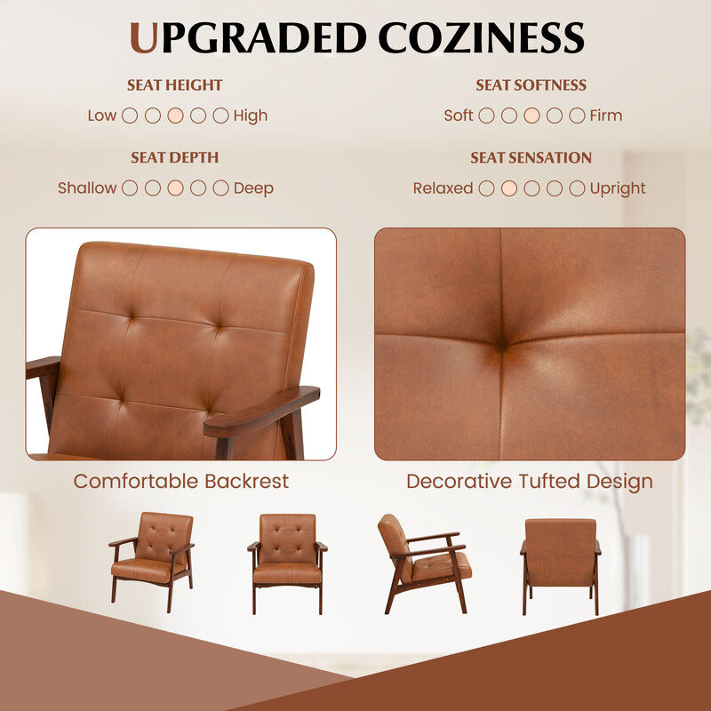 Mid Century Modern Accent Chair with Solid Rubber Wood Frame and Leather Cover