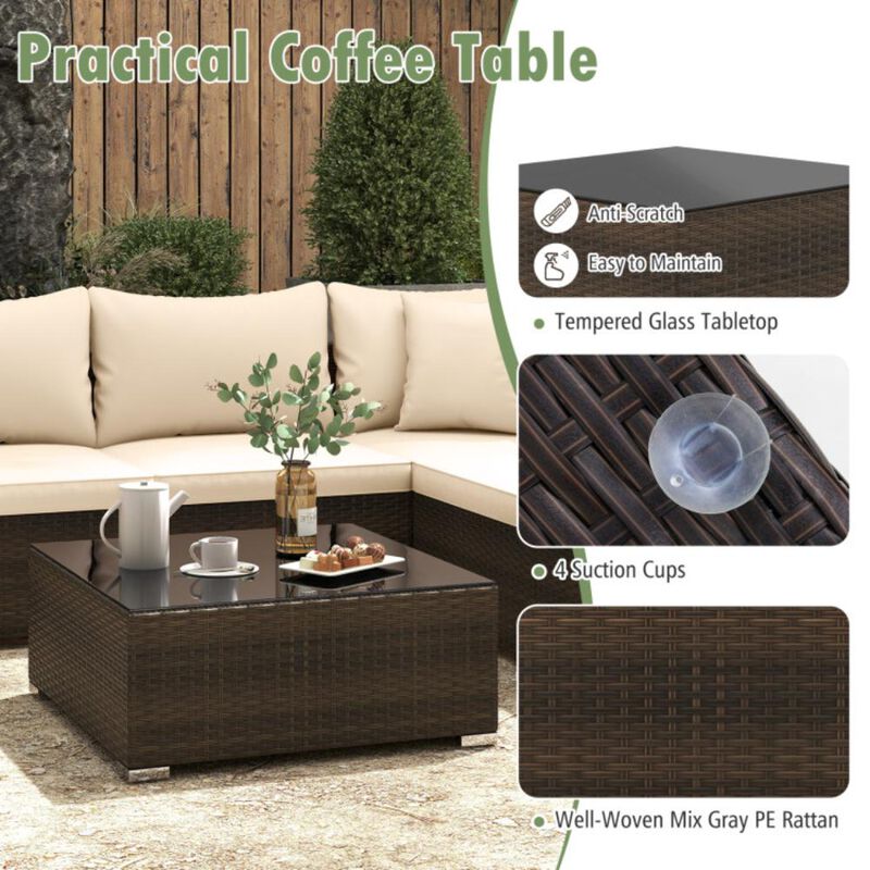 Hivvago 7 Pieces Patio Rattan Furniture Set with Sectional Sofa Cushions-Beige