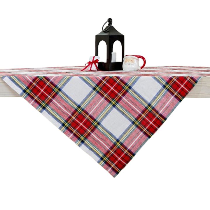 Solino Home 100% Pure Linen Table Throw 52 x 52 Inch | Stewart Plaid for Thanksgiving, Christmas