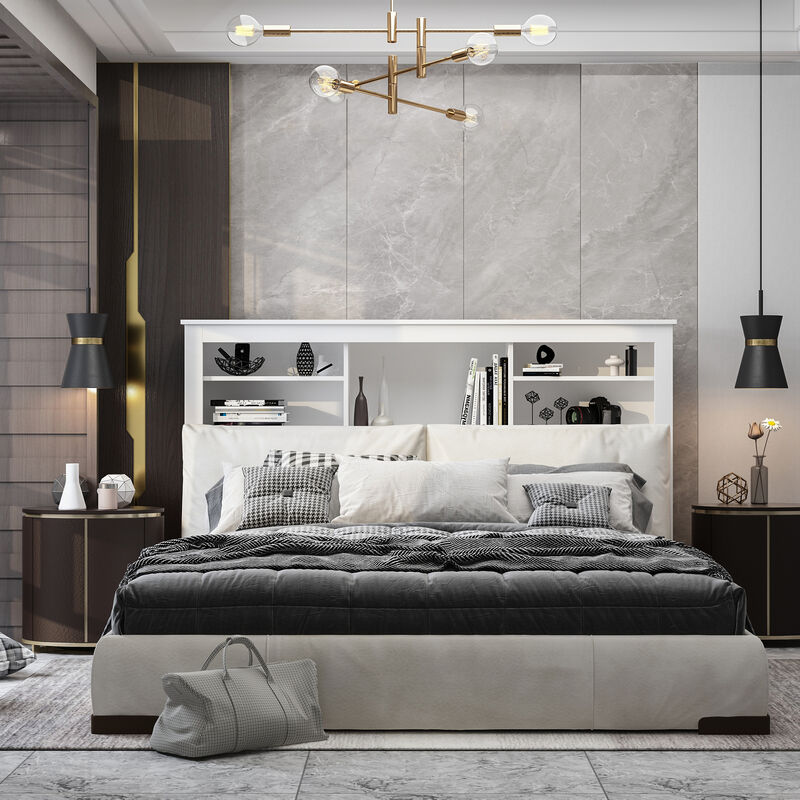 White Full Queen Wood Headboard Shelf with Socket Adapter USB Interface, Shelves and LED Lights