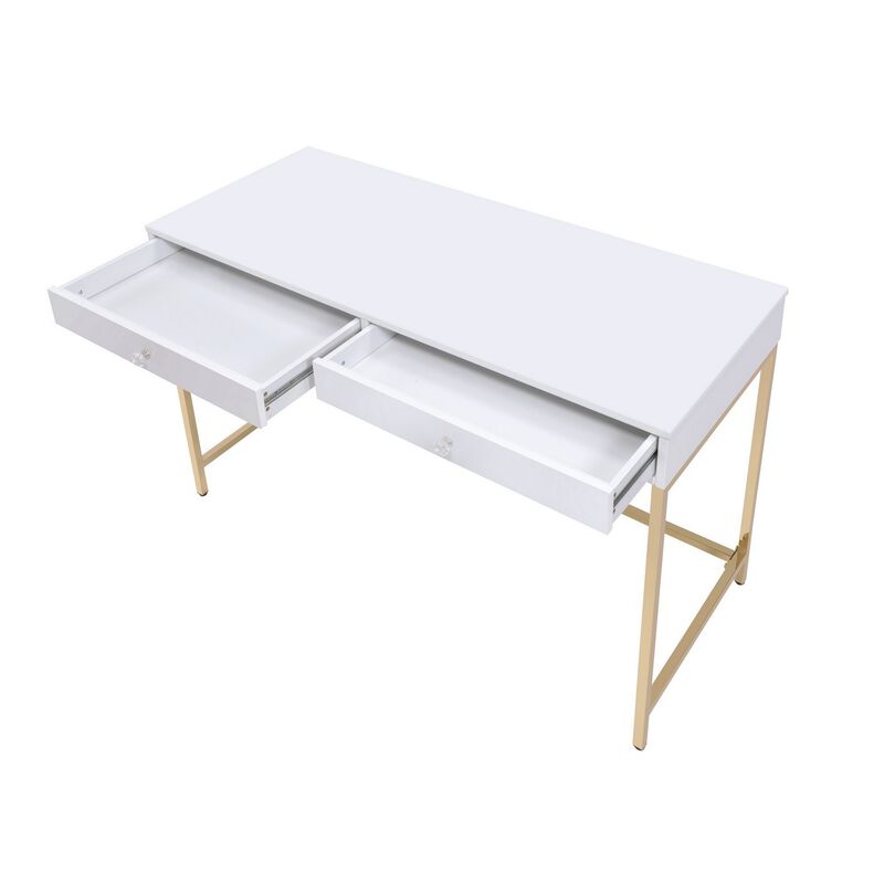 Two Drawers Wooden Desk with Tubular Metal Base, White and Gold-Benzara