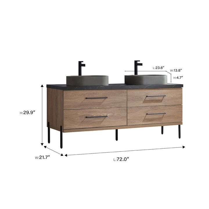 Vinnova Design Double Sink Bath Vanity with Black Sintered Stone Top with Concrete Sink