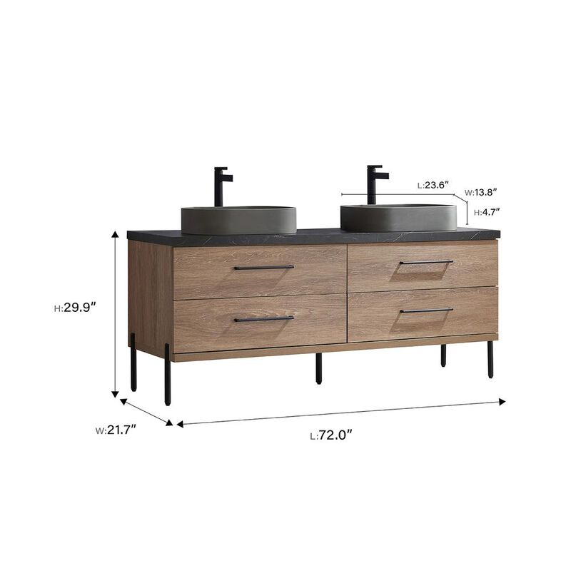 Vinnova Design Double Sink Bath Vanity with Black Sintered Stone Top with Concrete Sink