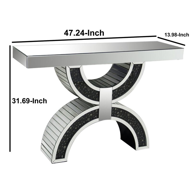 Wood and Mirror  Console Table with Geometric Style Base, Clear and Black-Benzara