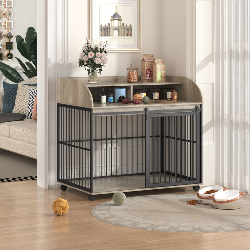 Large Dog Crate Furniture with Lockable Wheels, Wooden Dog Kennel, and Double Storage Layers