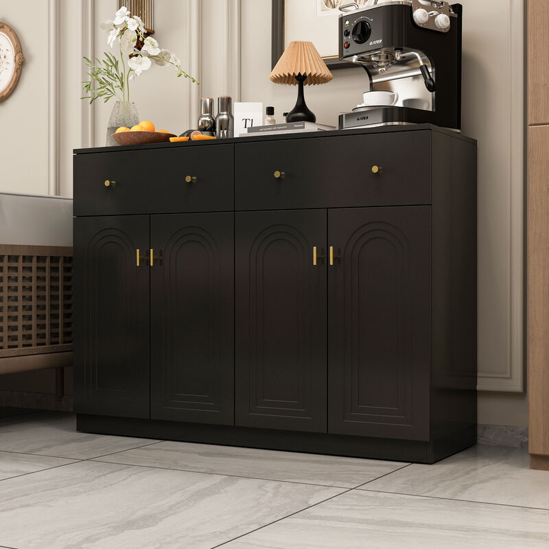 FUFU&GAGA Modern Black Sideboard with 2 Drawers & 4 Cabinet Doors, T-Shaped Door Design, Gold Handles, and Adjustable Shelves (47.2" W x 35.4" H x 15.7" D), Black