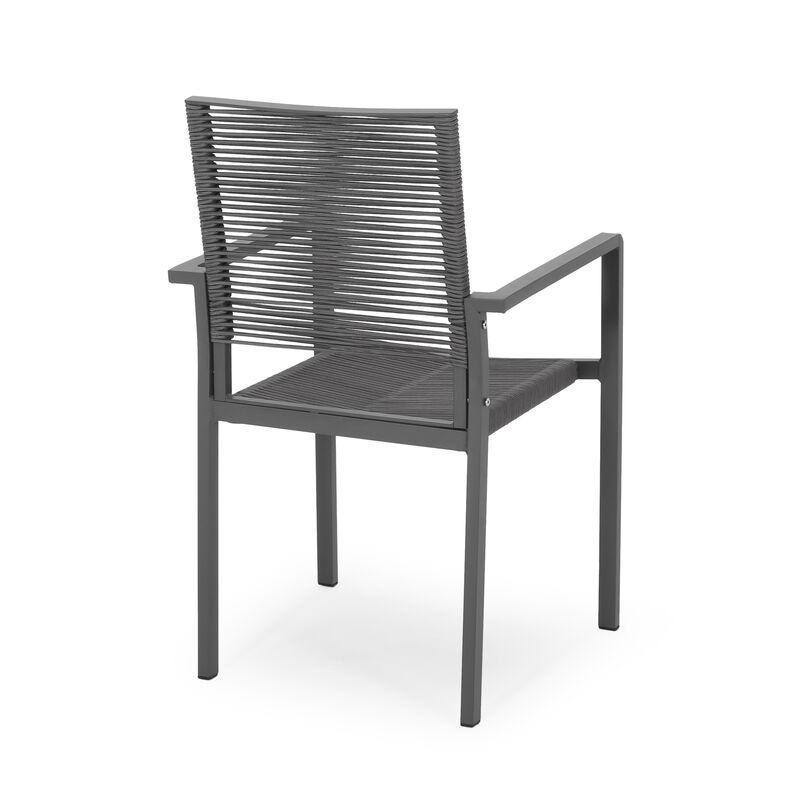 Teny Outdoor Dining Chair Set of 2, Open Back, Woven Rope, Dark Gray Metal - Benzara