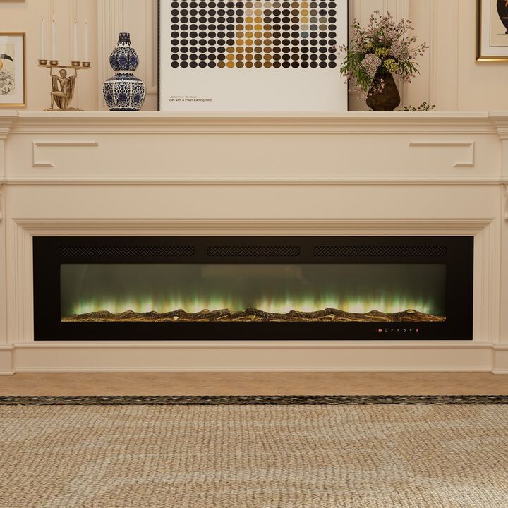 Black 72 in. Wall-Mounted Electric Fireplace with Logs & Crystals, Remote 1500/750W
