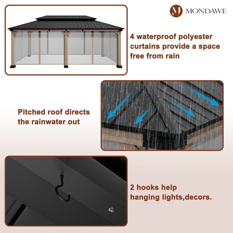 Mondawe Beverly Hills 12 ft. x 20 ft. Outdoor Fir Solid Wood Frame Patio Gazebo Canopy Shelter Galvanized Steel Hardtop Netting