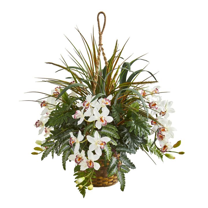 Hivvago 29" Cymbidium Orchid and Mixed Greens Artificial Plant Hanging Basket