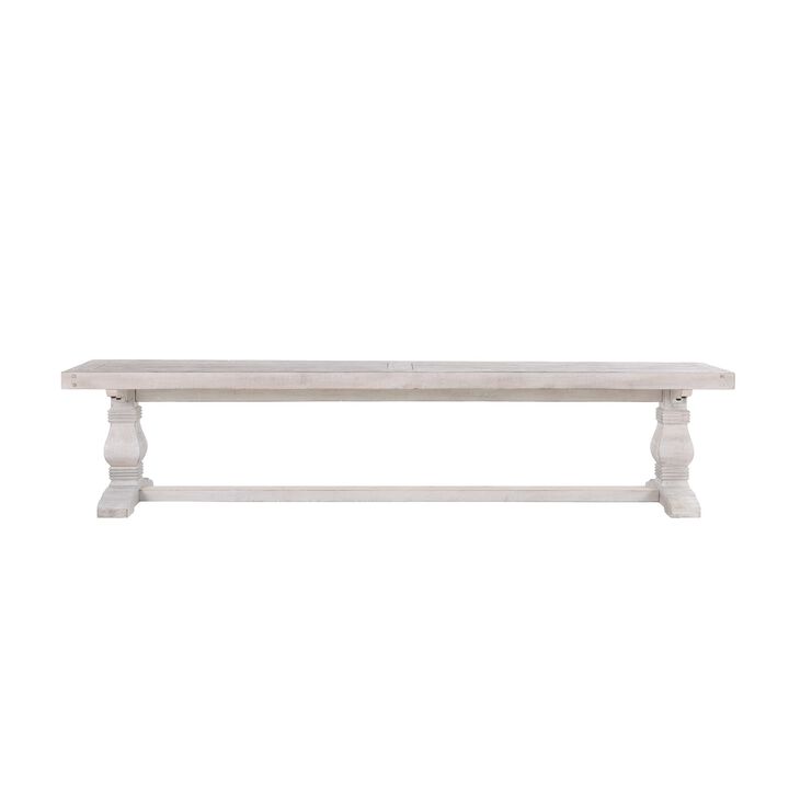 Kai 83 Inch Reclaimed Pine Dining Bench, Turned Pedestals, Antique White-Benzara