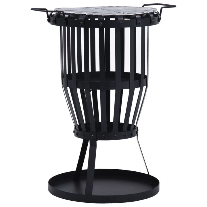vidaXL Powder-Coated Steel Garden Fire Pit with Cook Grill - Portable BBQ Fire Basket with Stable Base - Ideal for Garden, Backyard, Outdoor and Patio - Black, 19"