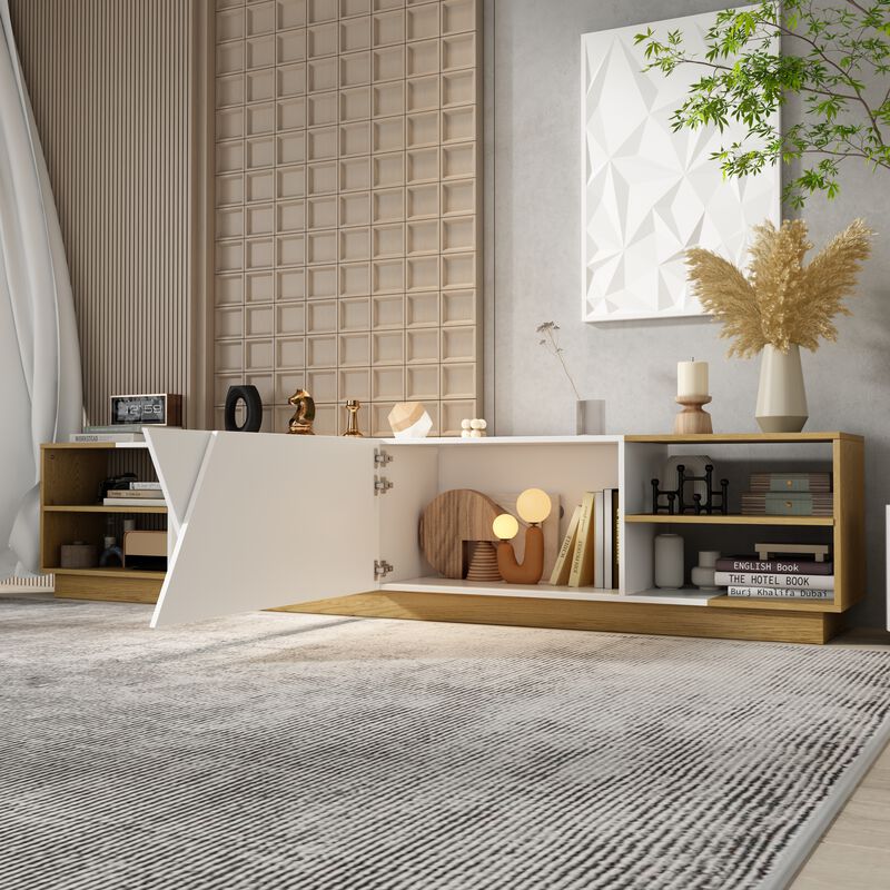 White/Oak Wood TV Media Console Entertainment Center with Doors, Open Shelf, Cable Management, Fits TV's up to 100 in.