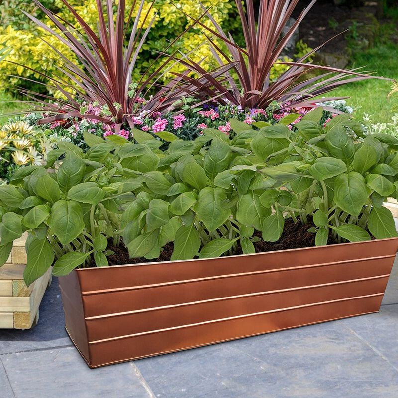 Rectangular Metal Flower Planter Box with Embossed Line Design, Large, Copper - Benzara