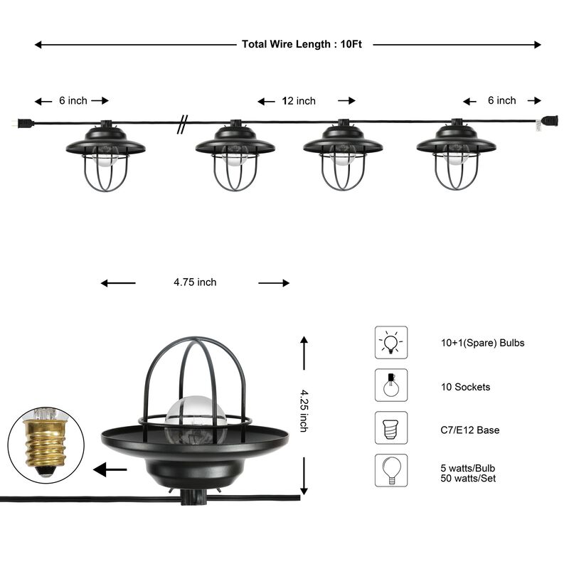 Light Indoor/Outdoor Rustic Farmhouse Incandescent G40 Metal Cage Shade String Lights