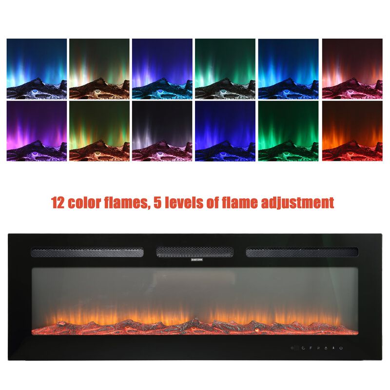 Black 50 in. Wall-Mounted Electric Fireplace with Logs & Crystals, Remote 1500/750W
