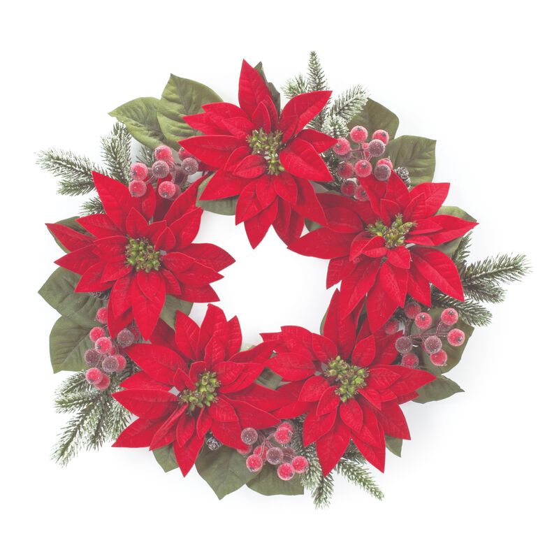 Poinsettia and Pine Wreath Festive Holiday Door or Wall Accent for Christmas Decor