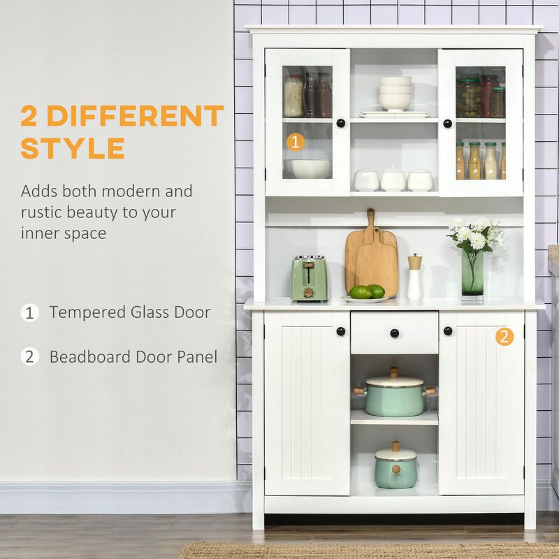 White Kitchen Hutch: Rustic Buffet with Microwave Stand & Shelves