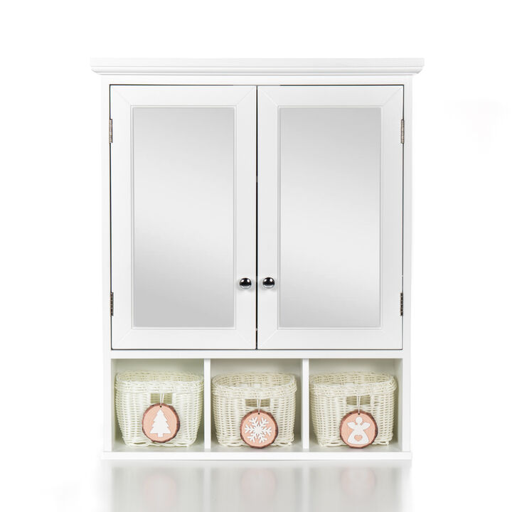 White Wood Wall Cabinet with Mirrored Doors & Storage Baskets White Wood Wall Cabinet with Mirrored Doors & Storage Baskets