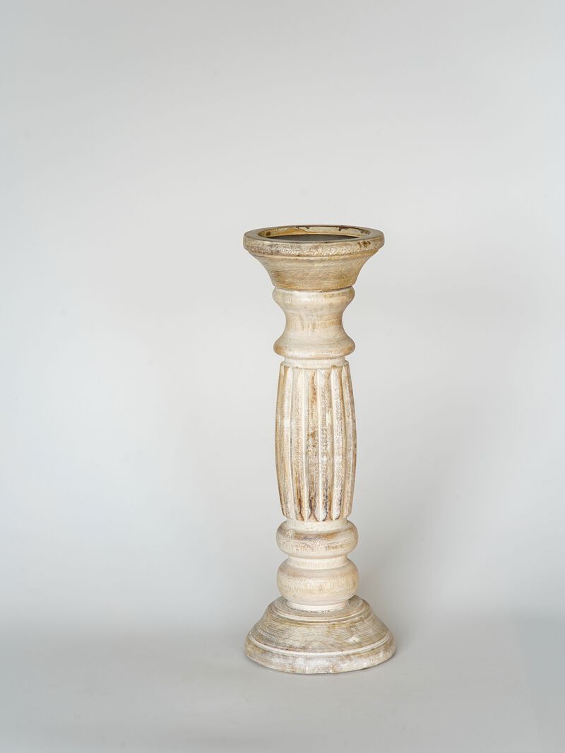 Traditional Antique White Eco-friendly Handmade Mango Wood Set Of One 12" Pillar Candle Holder
