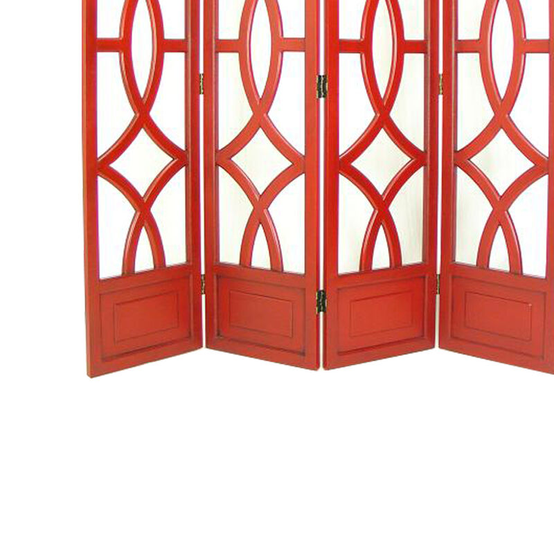 Wooden 4 Panel Room Divider with Open Geometric Design, Red-Benzara