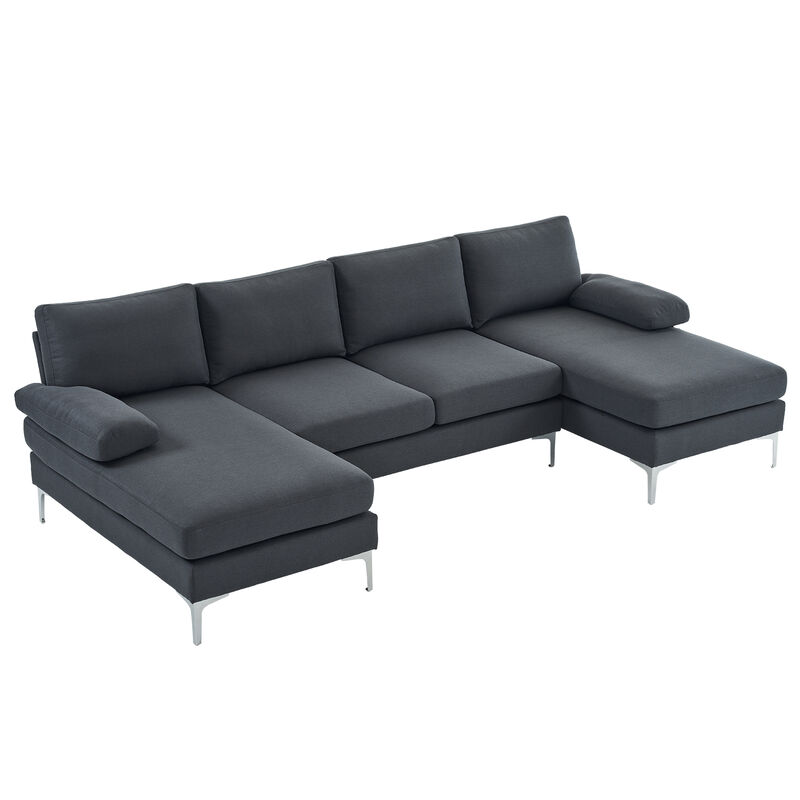 4-Seater U-Shaped Indoor Modular Sofa, Linen Seat with Wooden & Iron Frame, Gold Feet