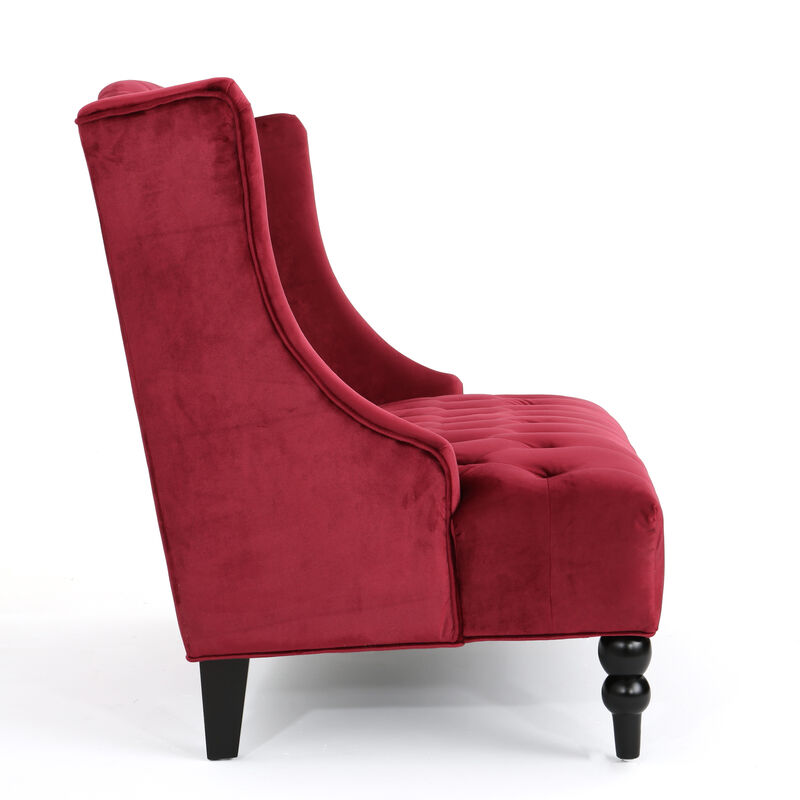 Lanny Loveseat Settee Wingback Bench Bench 50 Inch Tufted Wine Red Velvet - Benzara