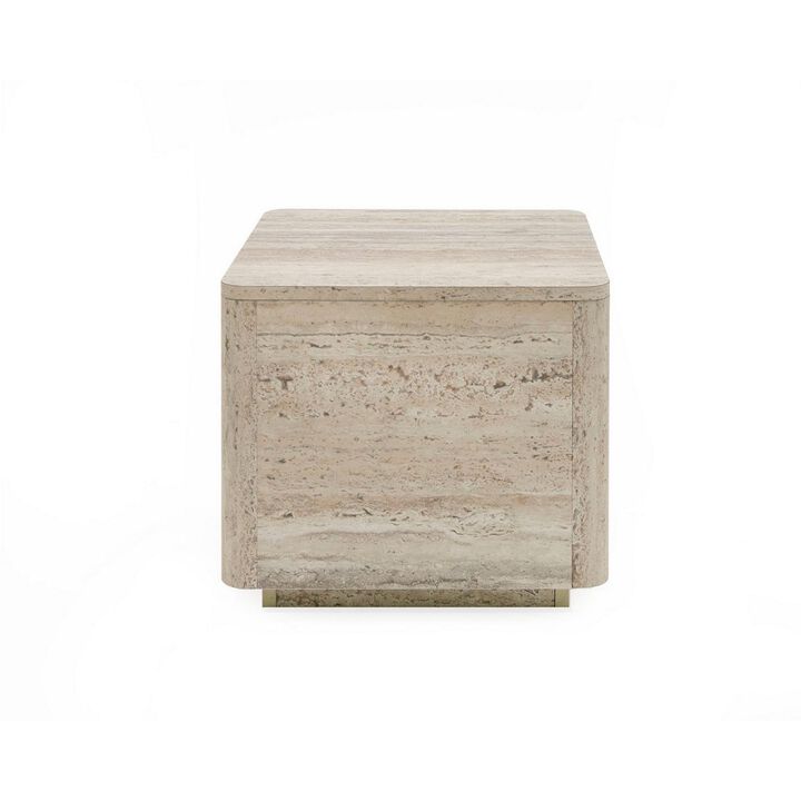 Benjara Lia 20 Inch End Table, Square Travertine Stone Finish Laminated Top, Natural Gray