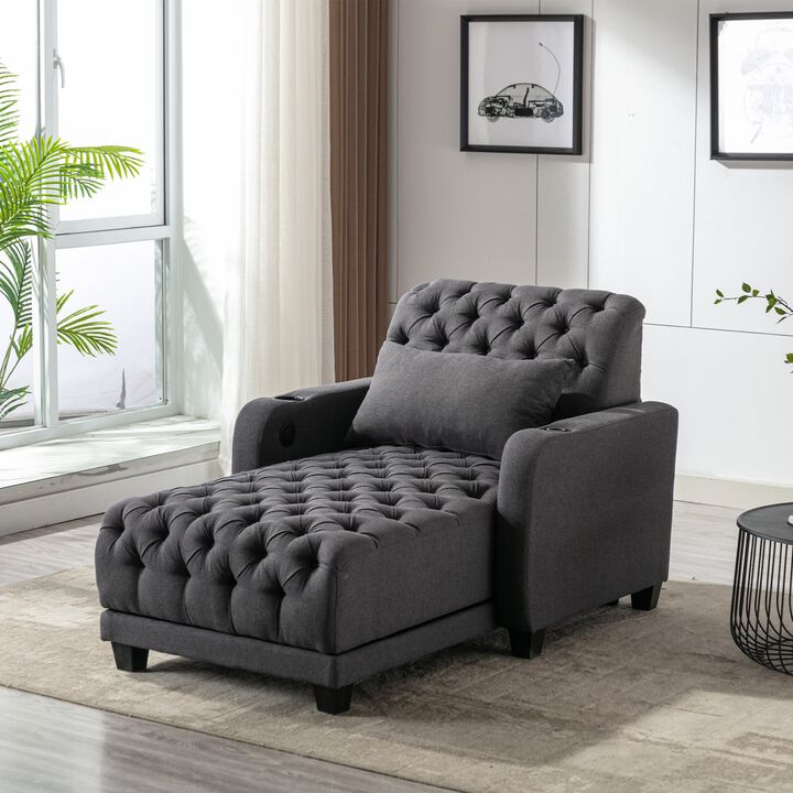 Mondawe Chaise Lounge Tufted Armchair Wireless Charging, Reclining Backrest & Lumbar Pillow