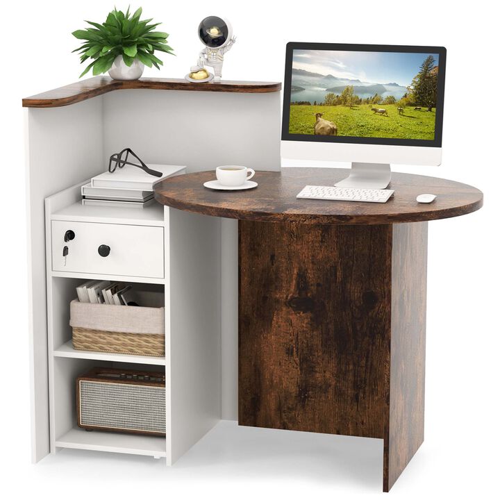 Costway Front Reception Counter Desk Checkout Office Desk with Open Shelf & Lockable Drawer