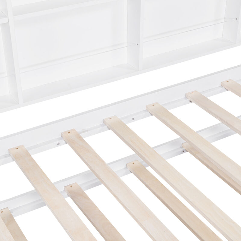Wooden Twin Size House Bed With Trundle, Kids Bed With Shelf, White