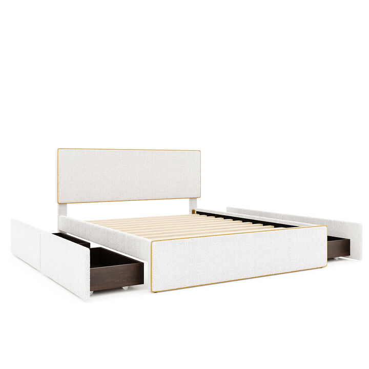 Streamdale White Upholstered Platform Bed with 4 Drawers and Golden Edge