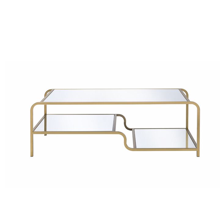 Metal Framed Mirror Coffee Table with Tiered Shelves, Gold and Mirror-Benzara