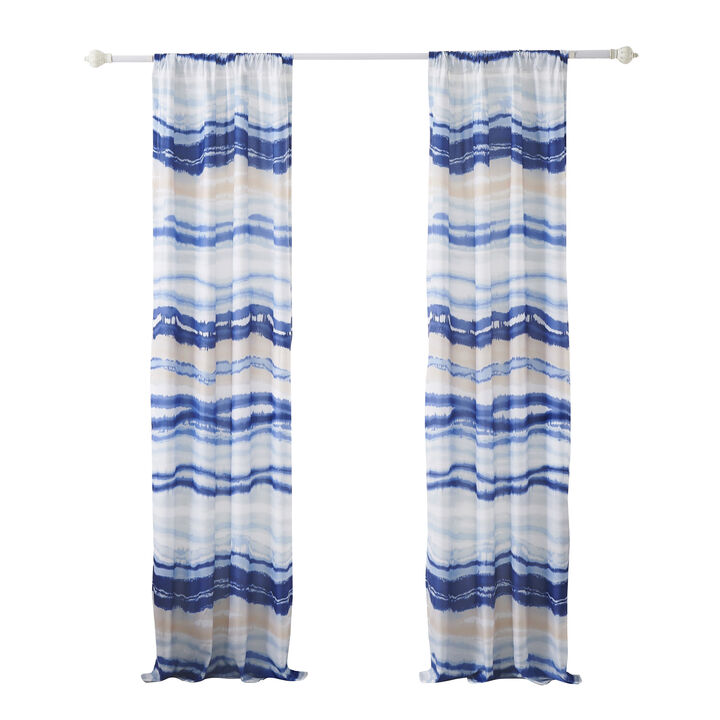 Oda 84 Inch Window Curtains, Microfiber Polyester, Blue Ocean Wave Print - Benzara