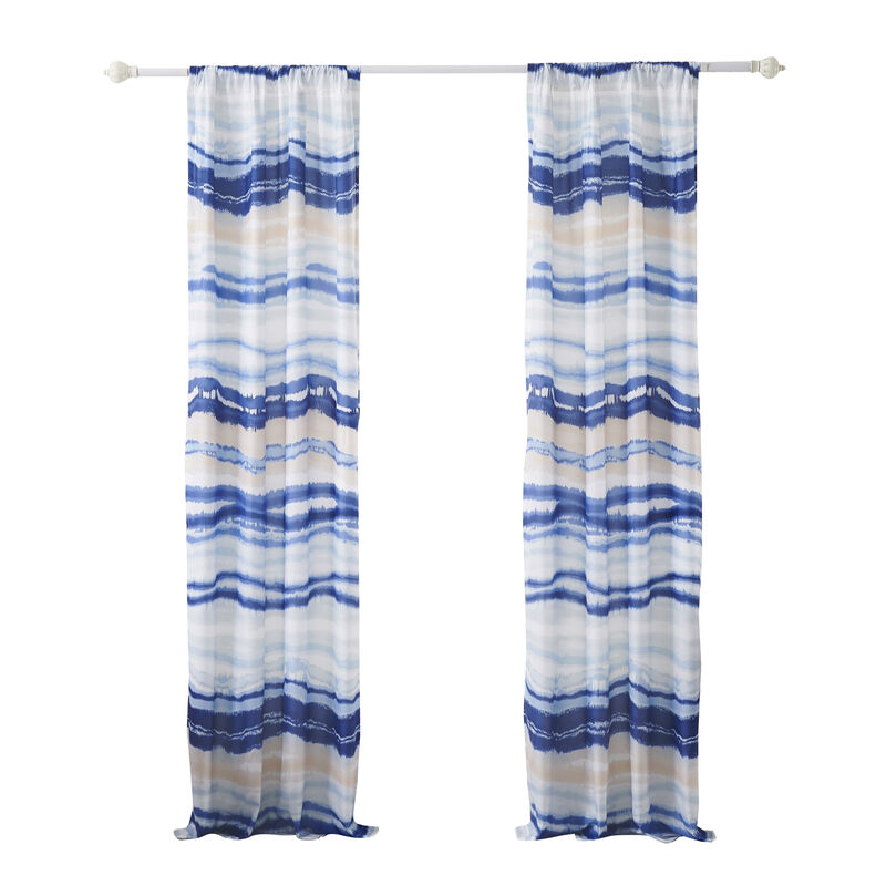 Oda 84 Inch Window Curtains, Microfiber Polyester, Blue Ocean Wave Print - Benzara