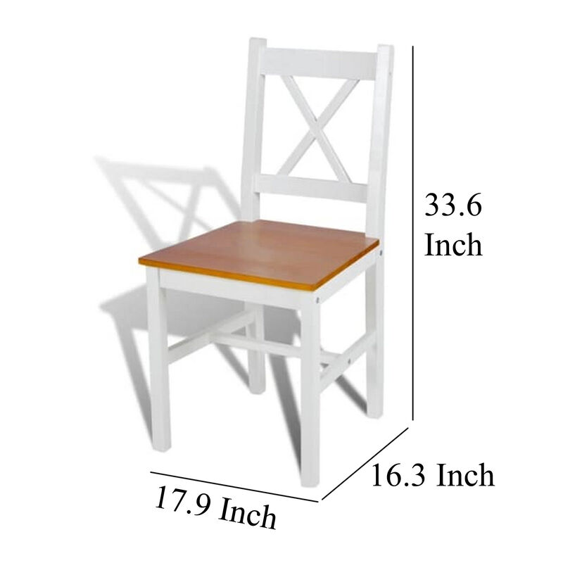 Outdoor Dining Side Chair Set of 4, Square Brown Pine Wood Seat, White - Benzara