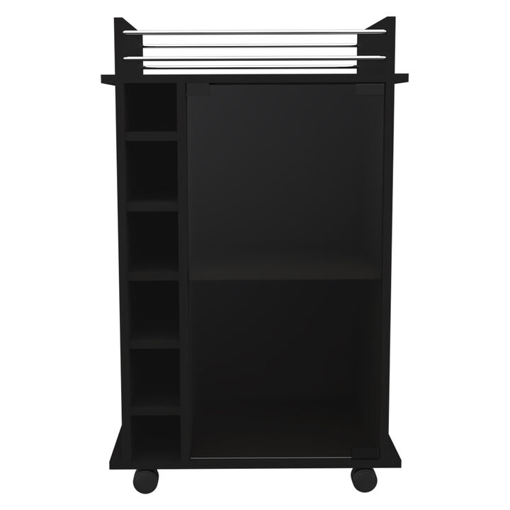 DEPOT E-SHOP Huali Bar Cart, Six Built-in Wine Rack, Glass Door, Four Casters, Two Shelves, Black