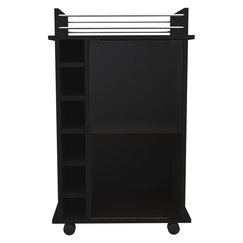DEPOT E-SHOP Huali Bar Cart, Six Built-in Wine Rack, Glass Door, Four Casters, Two Shelves, Black